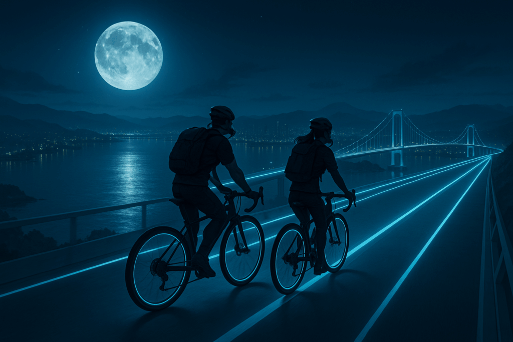 満月の夜、光るサイクルロードを走る二人のサイクリストと未来的な大橋