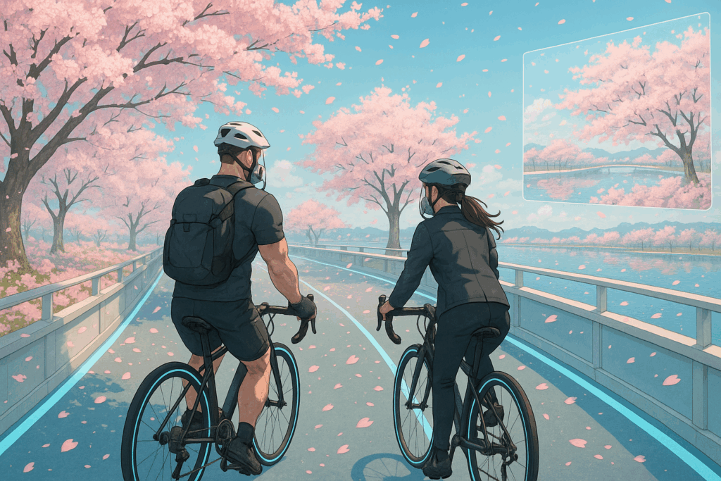 満開の桜並木を背景に、花びら舞うサイクルロードを走る二人のサイクリスト