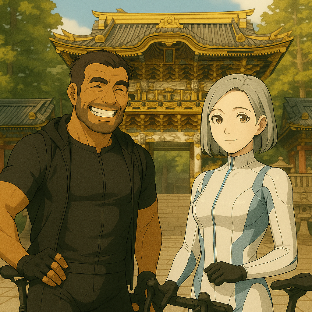 日光東照宮の陽明門を背景に、ロードバイクと共に立つレックとビアン。朝日が二人の笑顔を柔らかく包んでいる。