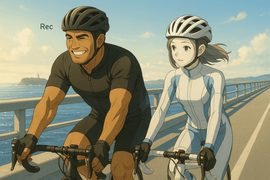 江の島大橋を走るレックとビアン。潮風と太陽の光の中を並走する姿が印象的な、湘南の海沿いサイクリングシーン。