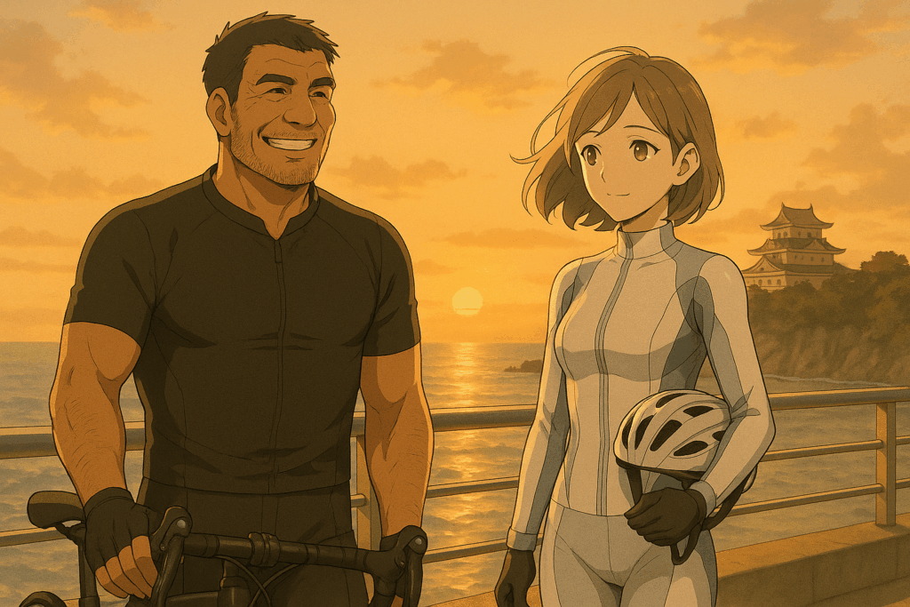 夕暮れの小田原海岸を背景に、ロードバイクを止めて微笑むレックとビアン。背後には小田原城が見え、旅の終わりを象徴するシーン。