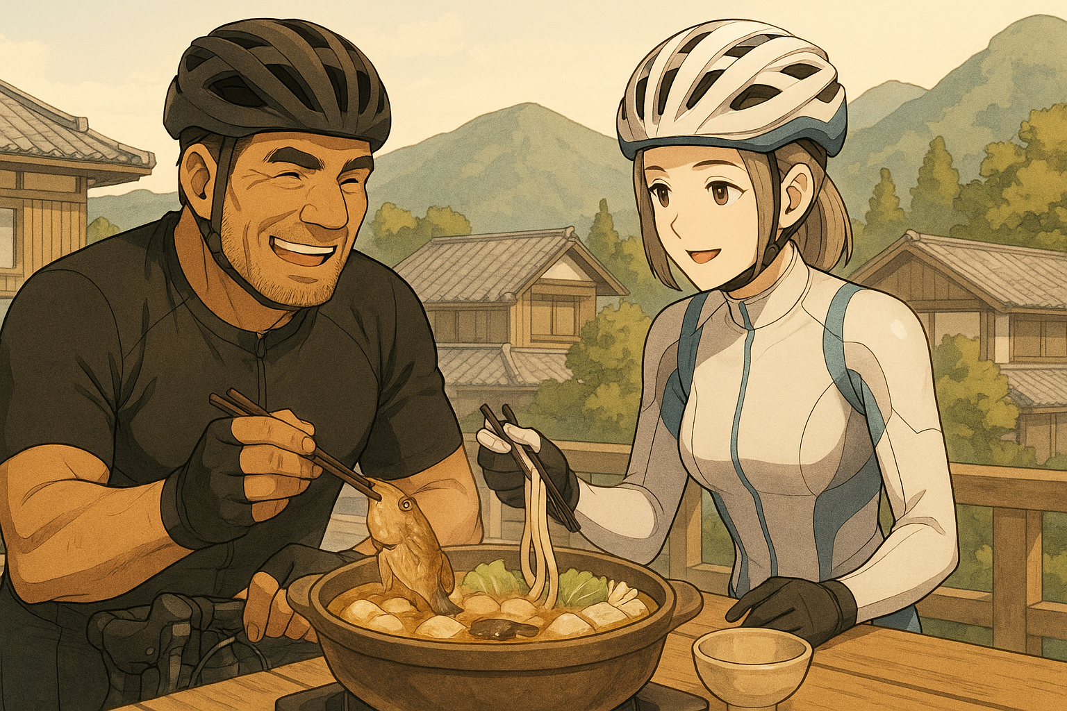 海辺の宿であんこう鍋を囲むレックとビアン。ロードバイク姿のまま、笑顔で昼食を楽しんでいる。