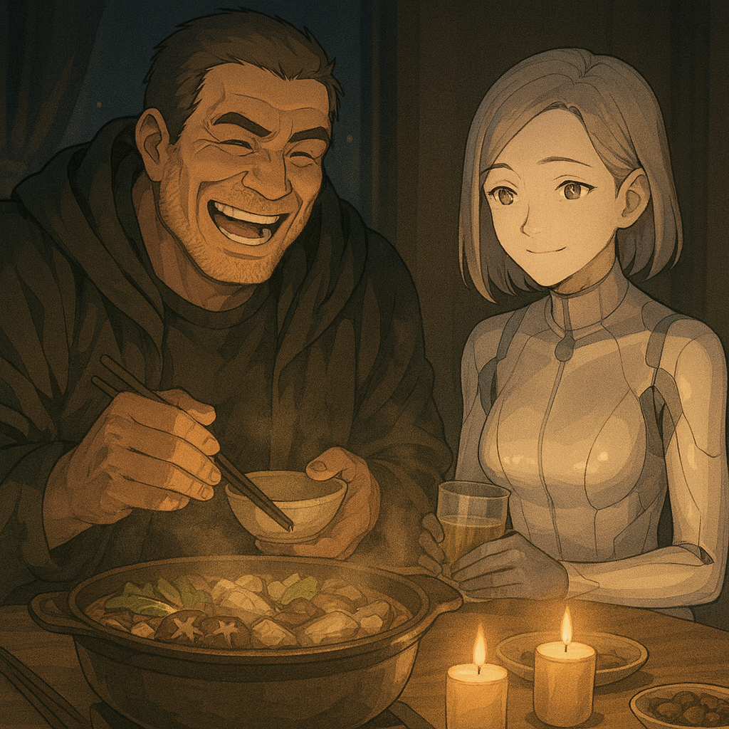 埼玉県川越の宿で鍋料理を楽しむレックとビアン。温かな光と笑顔が、旅の終わりをやさしく包み込む。