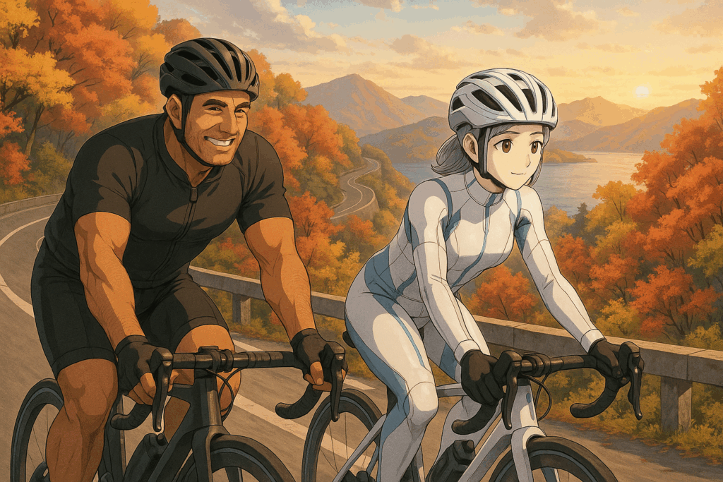 紅葉に染まる栃木県いろは坂をロードバイクで走るレックとビアン。笑顔で並走する姿に秋の温もりが感じられる。