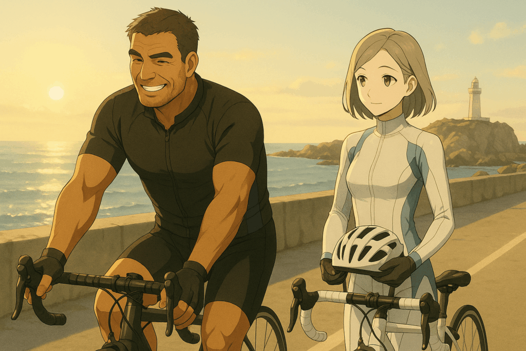 朝の城ヶ島を背景に、レックとビアンがロードバイクの準備をするシーン。淡い朝日と海風の中で始まる関東ラストの旅。