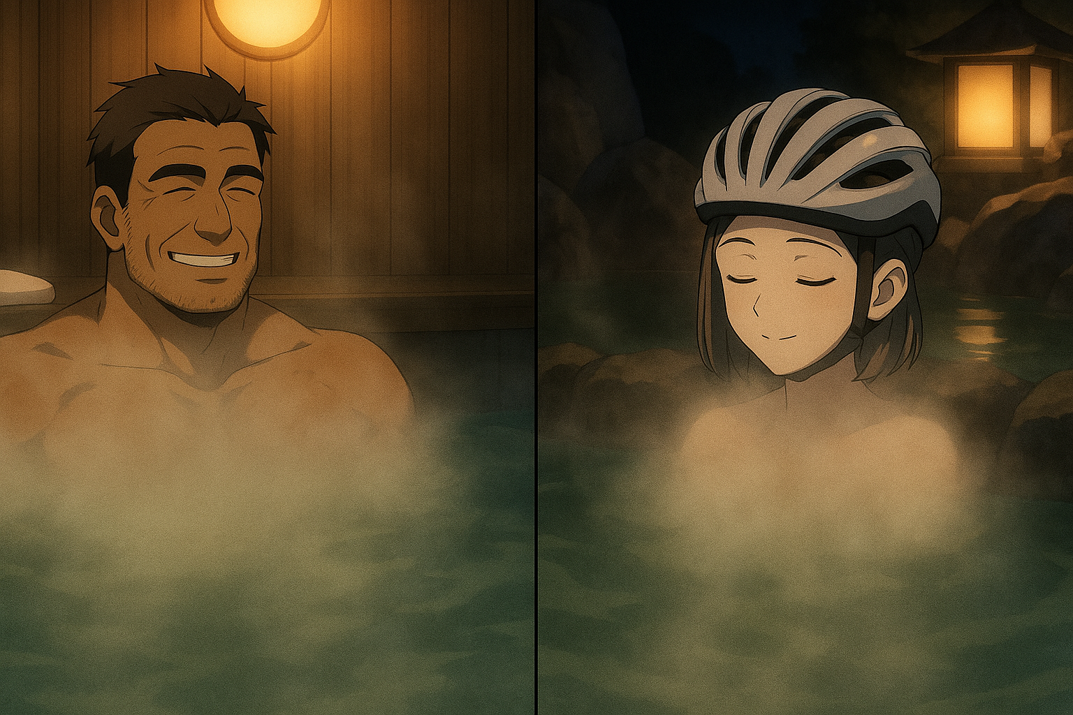 草津温泉で湯に浸かるレックとビアン。夜の湯けむりと灯りが穏やかに二人を包み、癒しの空気を漂わせている。