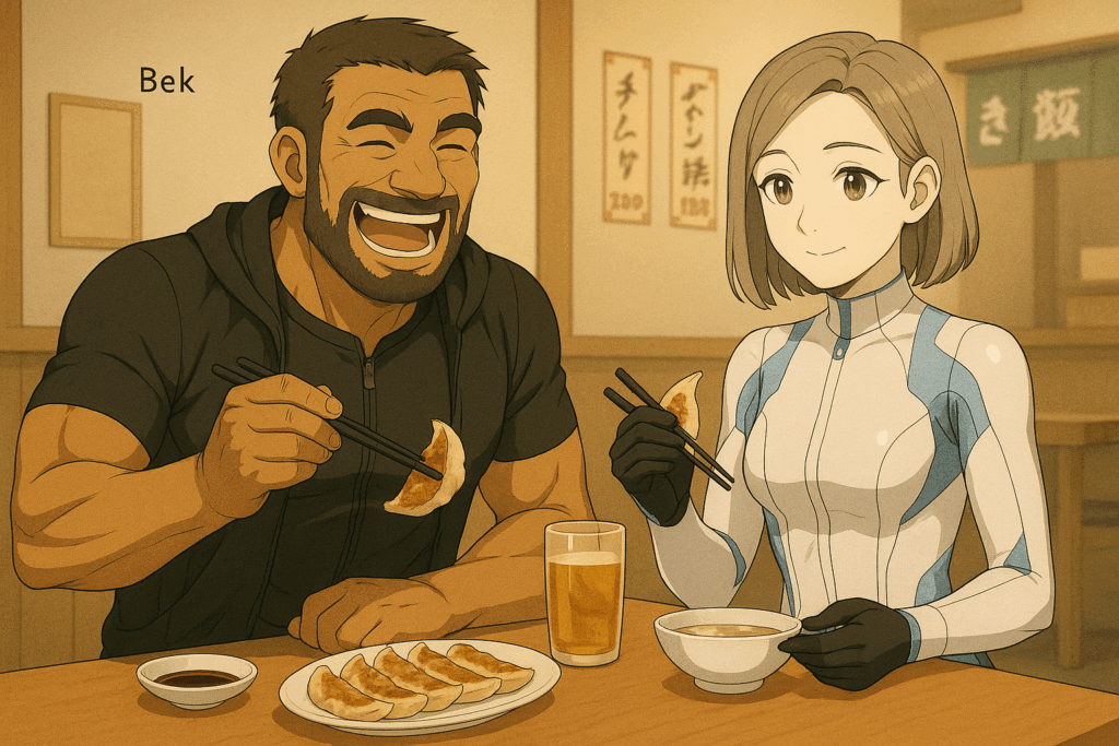 宇都宮の餃子店で食事を楽しむレックとビアン。カウンター席で笑いながら餃子を食べている様子。