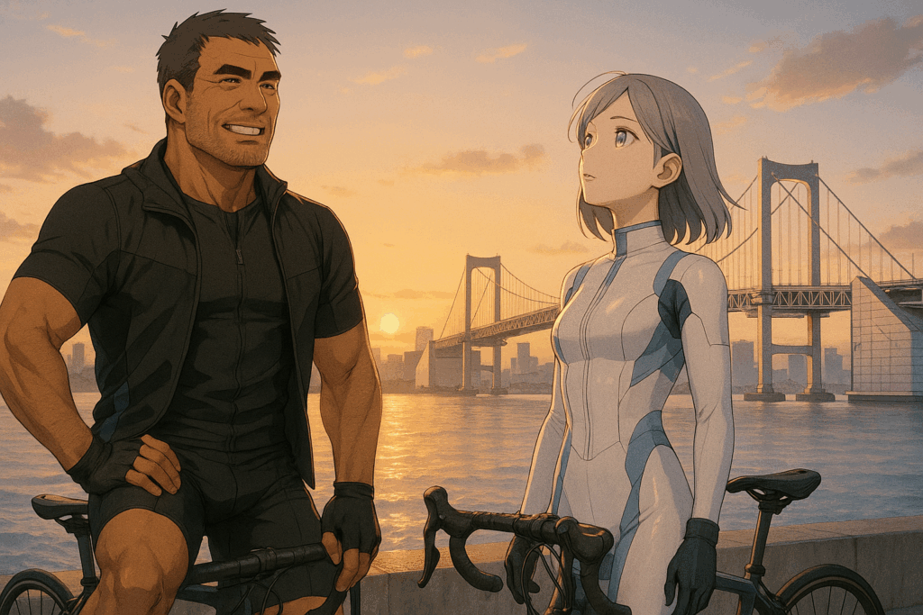 お台場の海辺でレインボーブリッジを背に立つレックとビアン。夕陽の光に包まれた情感的なワンシーン。