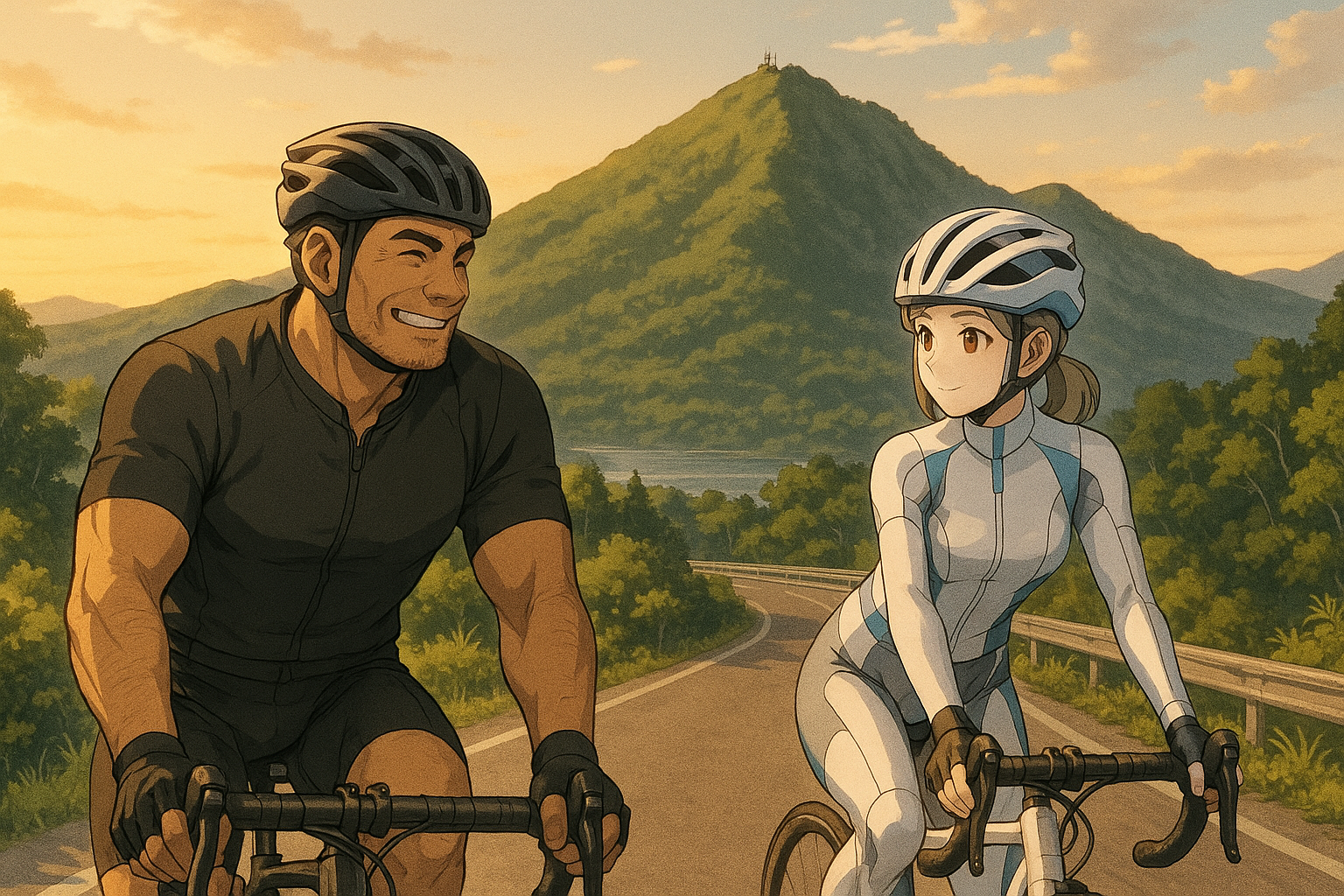 筑波山を背にロードバイクで走るレックとビアン。夕陽が差し込み、柔らかな笑顔が浮かんでいる。