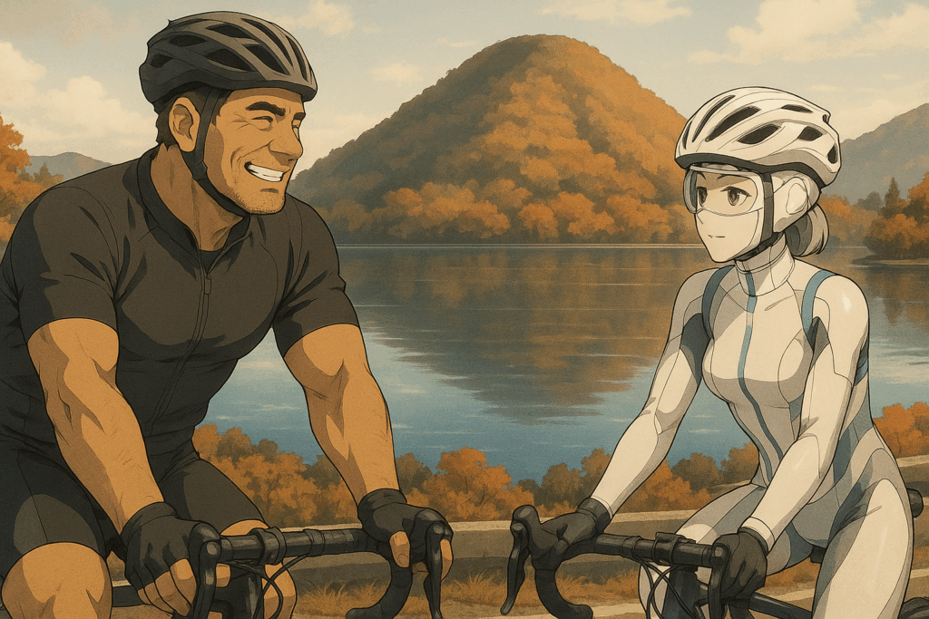 榛名湖を背景にロードバイクで走るレックとビアン。湖面に紅葉が映り込み、柔らかな秋の光が差している。