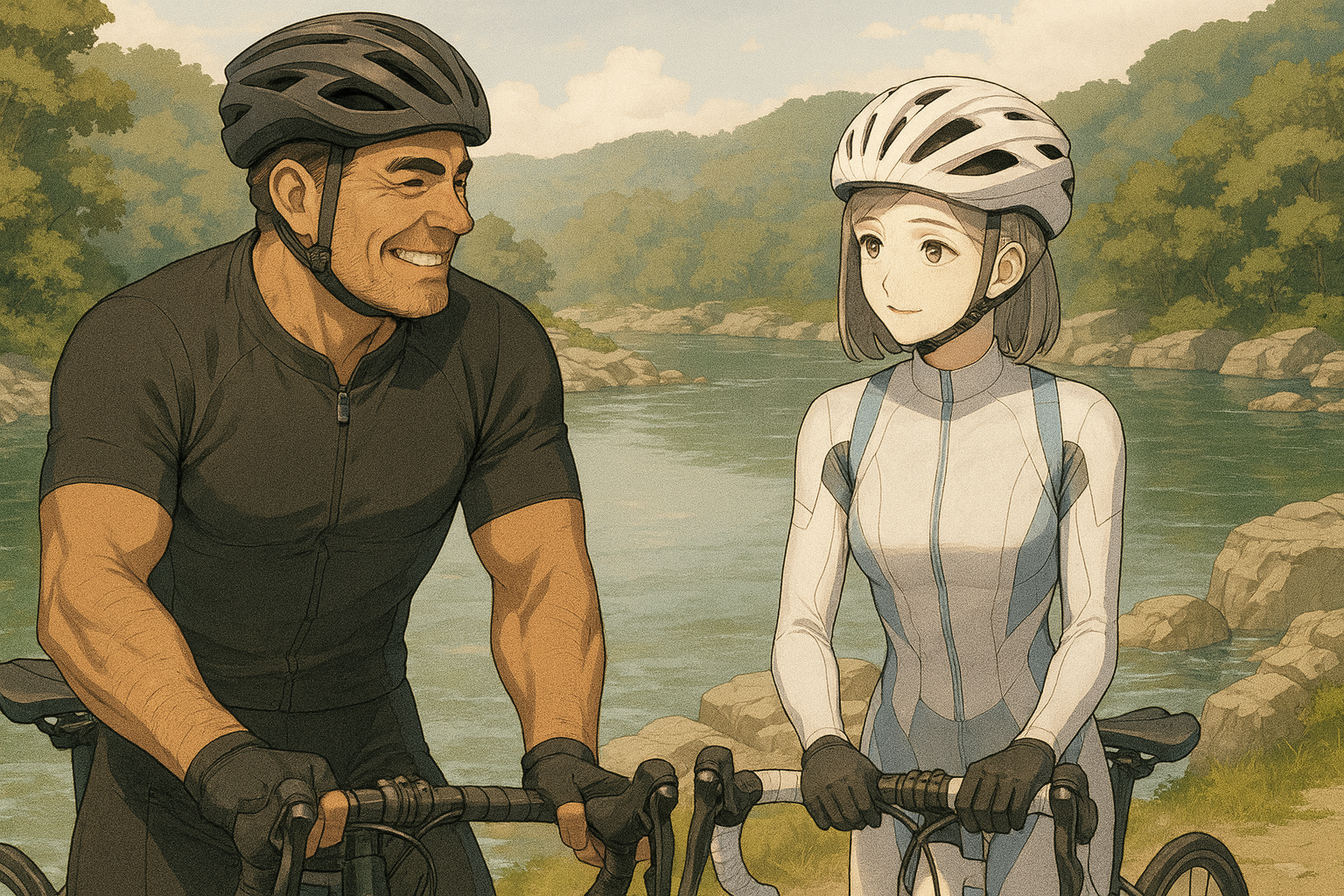 埼玉県長瀞の荒川沿いを走るレックとビアン。穏やかな川面と新緑を背景に、笑顔で語り合う二人。