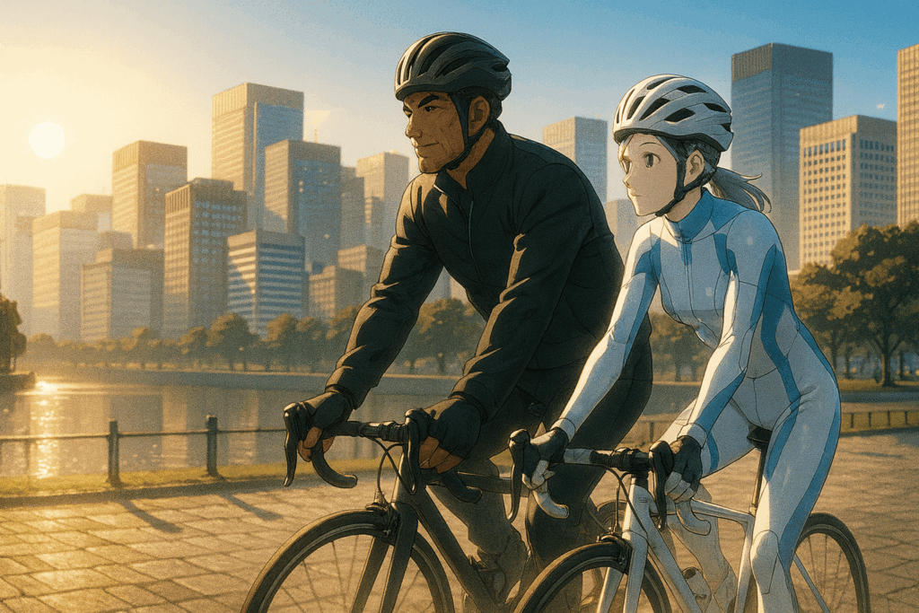 レックとビアンが皇居外苑の石畳を並んでロードバイクで走る様子。背後に丸の内のビル群が見える。