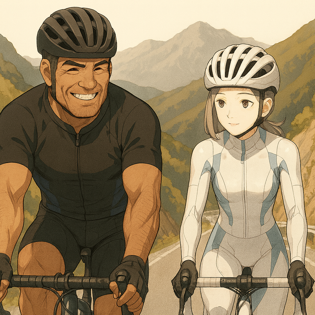 埼玉県秩父の峠道を登るレックとビアン。夕陽に照らされながら、並走して走る姿が印象的。