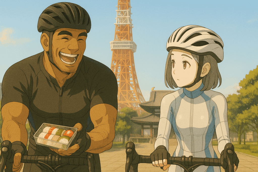 東京タワーを背景に、増上寺前で寿司を手に笑うレックと穏やかに見つめるビアンの姿。