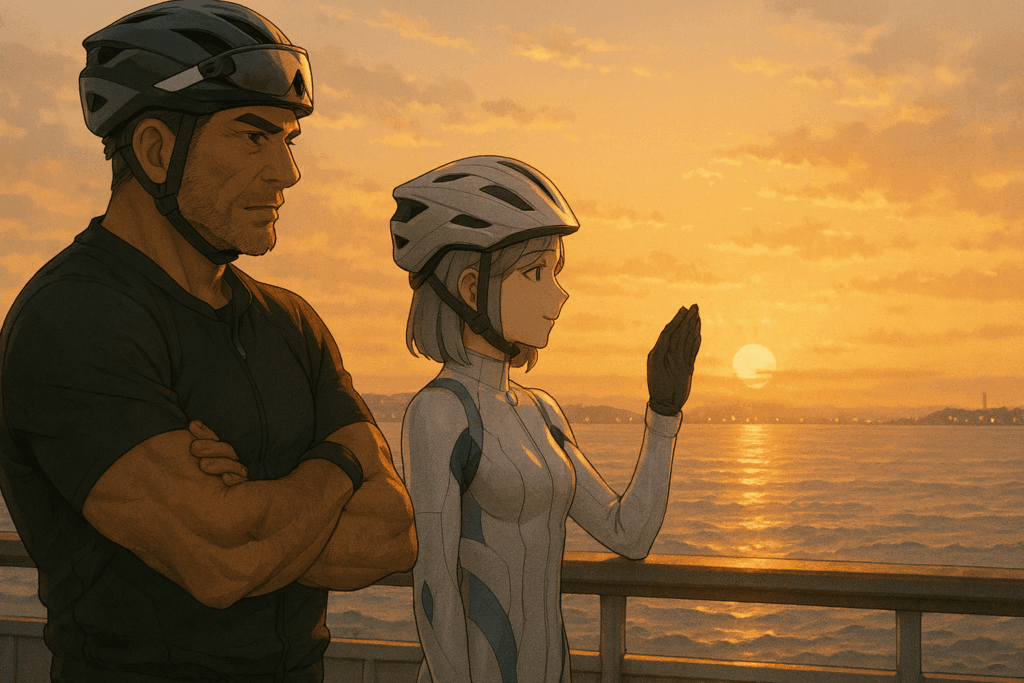 金谷港のフェリー甲板で夕陽を眺めるレックとビアン。白金と淡橙の光が海面に広がり、静かな時間が流れている。