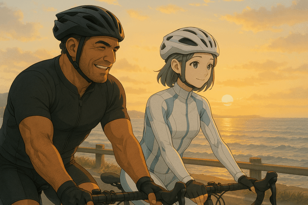 朝の海岸を走るレックとビアン。白金の朝日が海面に反射し、柔らかな光の中でロードバイクを並走させている。