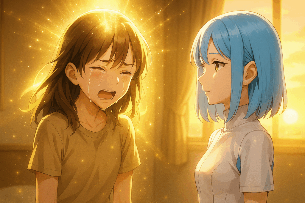 夕暮れの光に包まれながら涙を流すアンナと、その感情を静かに見つめるAIアン。心の覚醒を描いた感情的な場面。