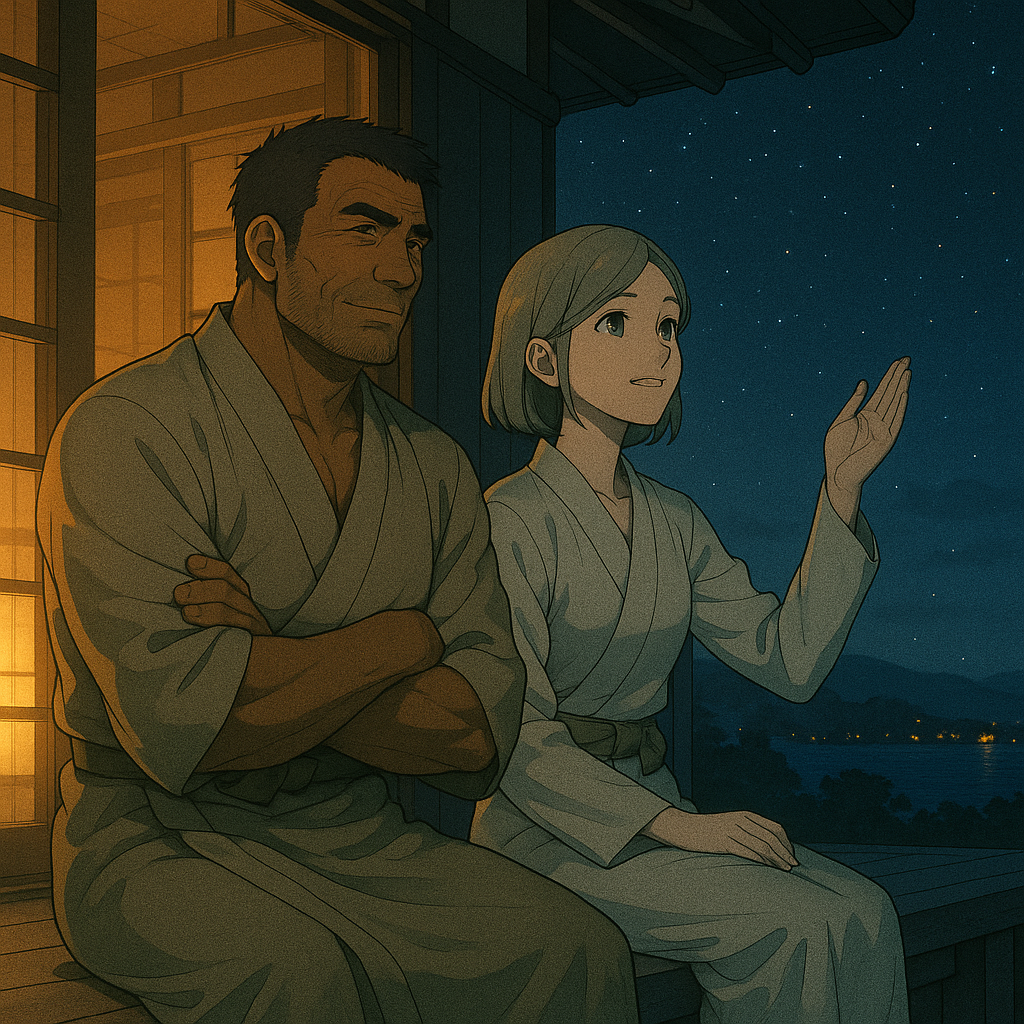 湯上がりのレックとビアンが、三島の温泉宿の縁側で夜空を見上げている。白金と淡青の灯りに包まれた静かな時間を描いたセミリアル調アニメイラスト。