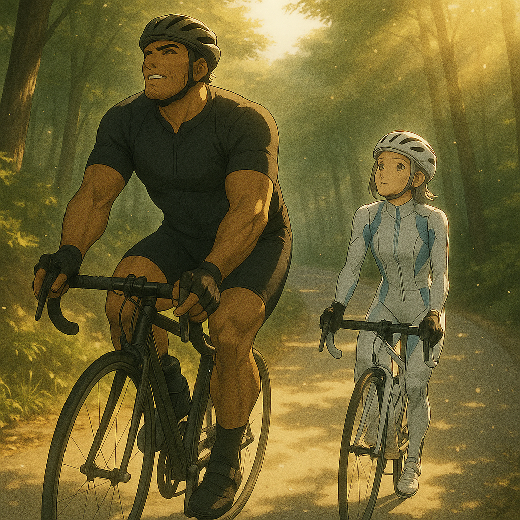 午後の光が差す山中湖への坂道を登るレックとビアン。木漏れ日の中を静かに進む二人の姿。