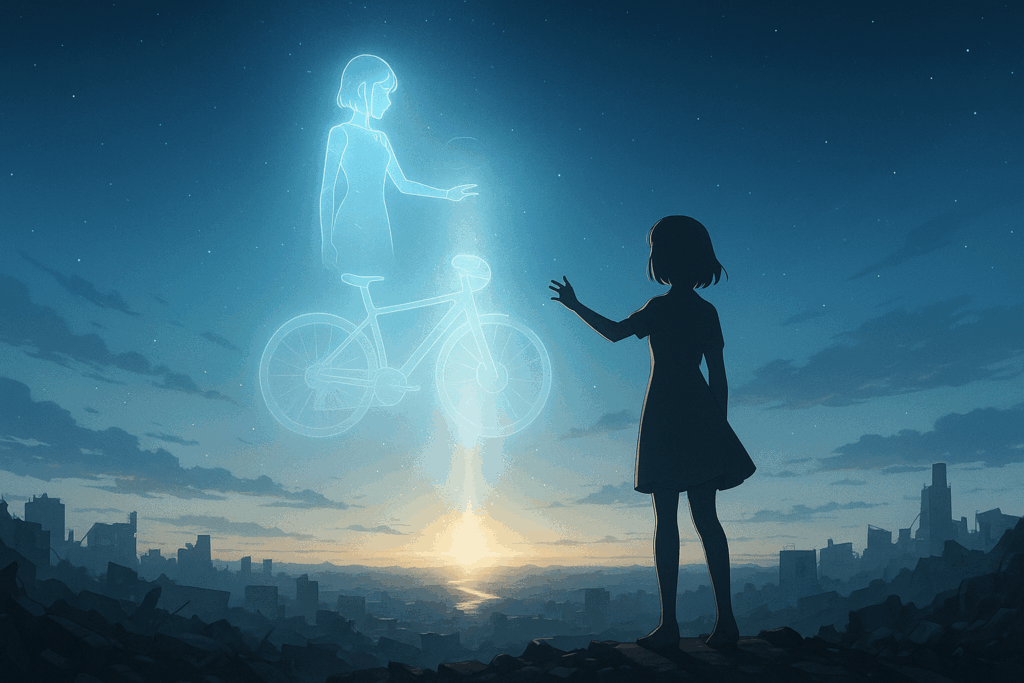 廃都市の高台で夜明けに手を伸ばすアン。その光の中にロードバイクとビアンのホログラムが浮かび上がる、未来の誕生を象徴する一枚。