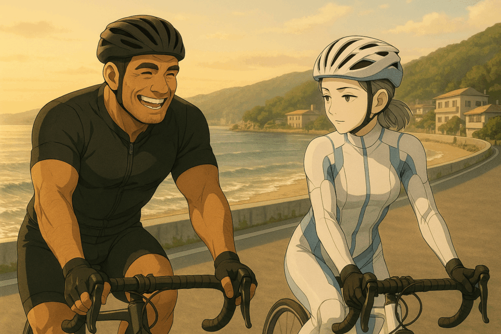 伊東の海沿いを走るレックとビアン。淡金色の午後の光の中、風を感じながら並走するロードバイクシーン。