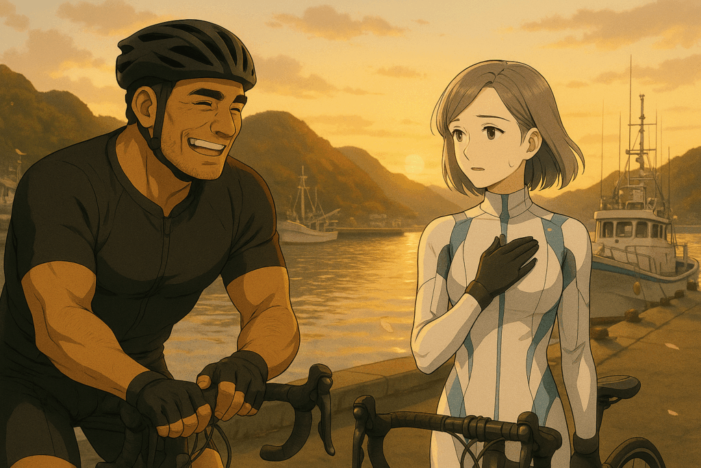 夕暮れの下田港で潮風を感じるレックとビアン。淡金から紫へ変わる空の中で未来記憶の気配が揺れるシーン。