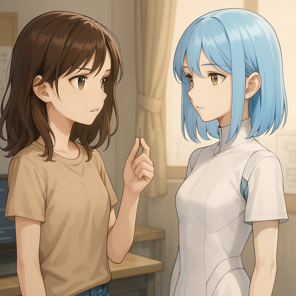 アンナが小さなデバイスを手に持ち、未来から来たAIアンと向き合うシーン。柔らかな室内光の中で、二人の始まりを象徴するカット。