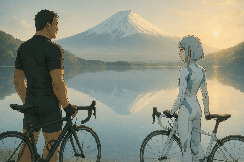 本栖湖の鏡のような水面に逆さ富士が映り、レックとビアンが朝の光に包まれている。