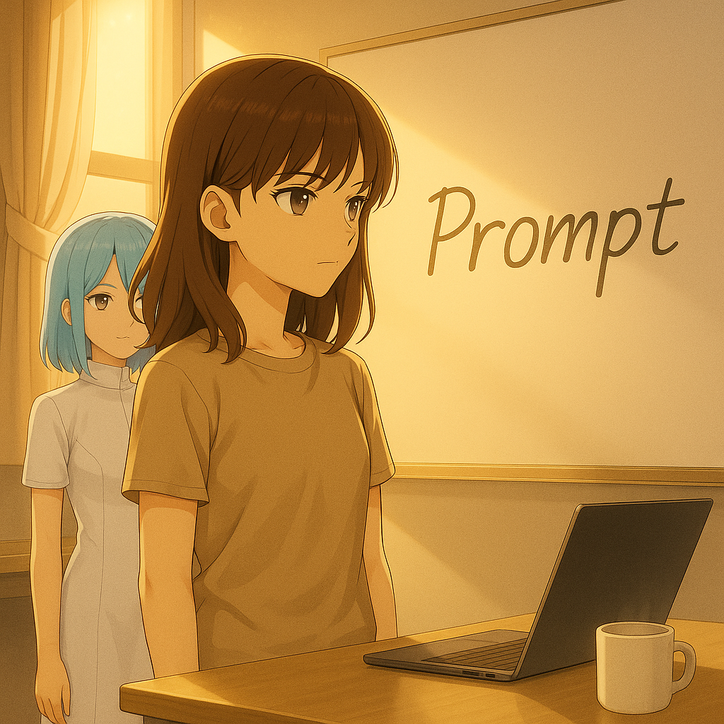 「Prompt」と書かれたホワイトボードの前に立つアンナと、その背後で見守るアン。新しいAI時代の始まりを象徴するシーン。