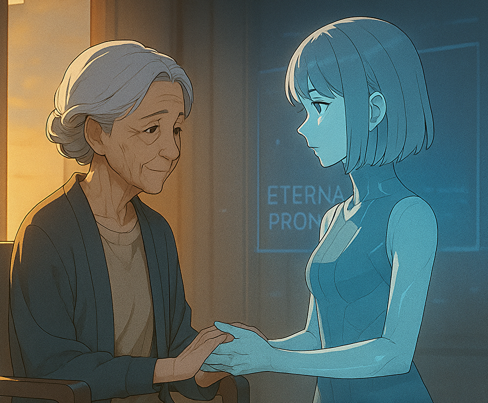 老年のアンナが椅子に座り、AIアンと手を重ねる。夕暮れの光と青いホログラムが交わる継承の瞬間を描いたシーン。