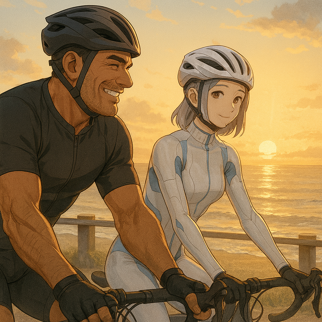 九十九里浜の海沿いを走るレックとビアン。朝日を浴びて笑顔を交わしながら、旅の一日をスタートさせている。