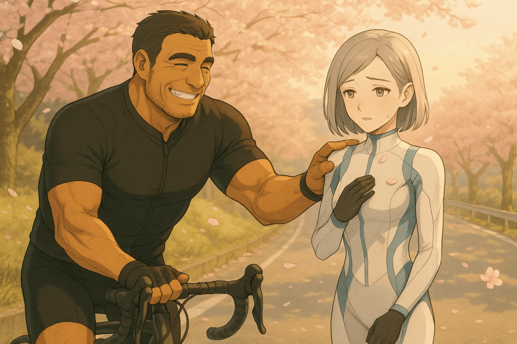 河津桜の下で立ち止まるビアンと寄り添うレック。花びらの中でビアンが初めて“懐かしさ”を感じる場面。