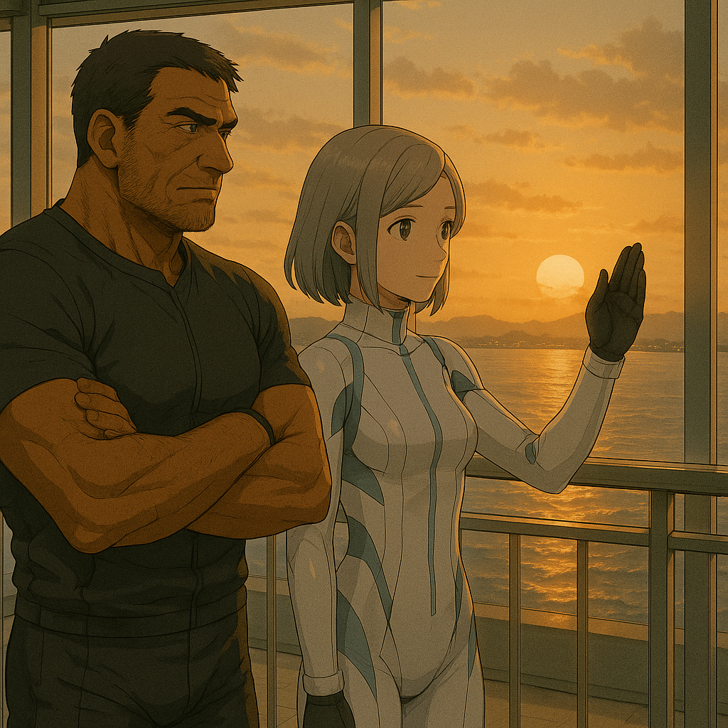 沼津港の展望台「びゅーお」で夕陽を眺めるレックとビアン。駿河湾を背景に、白金と淡橙の光が静かに海を包んでいる。