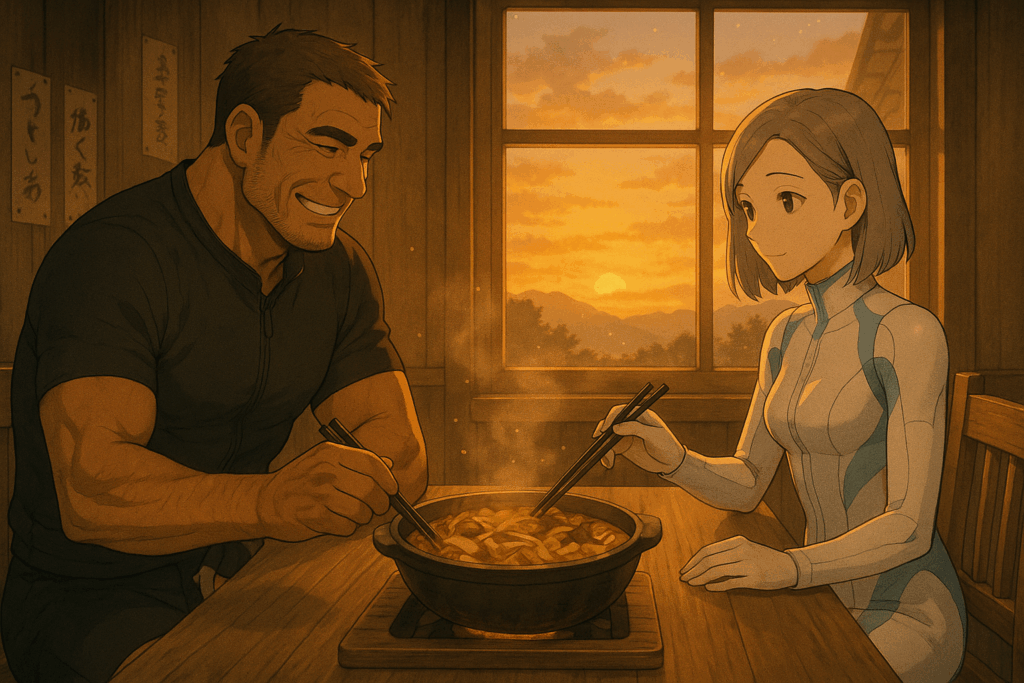 夕暮れの定食屋で、レックとビアンがほうとう鍋を囲みながら微笑んでいる。温かな光が二人を包む。