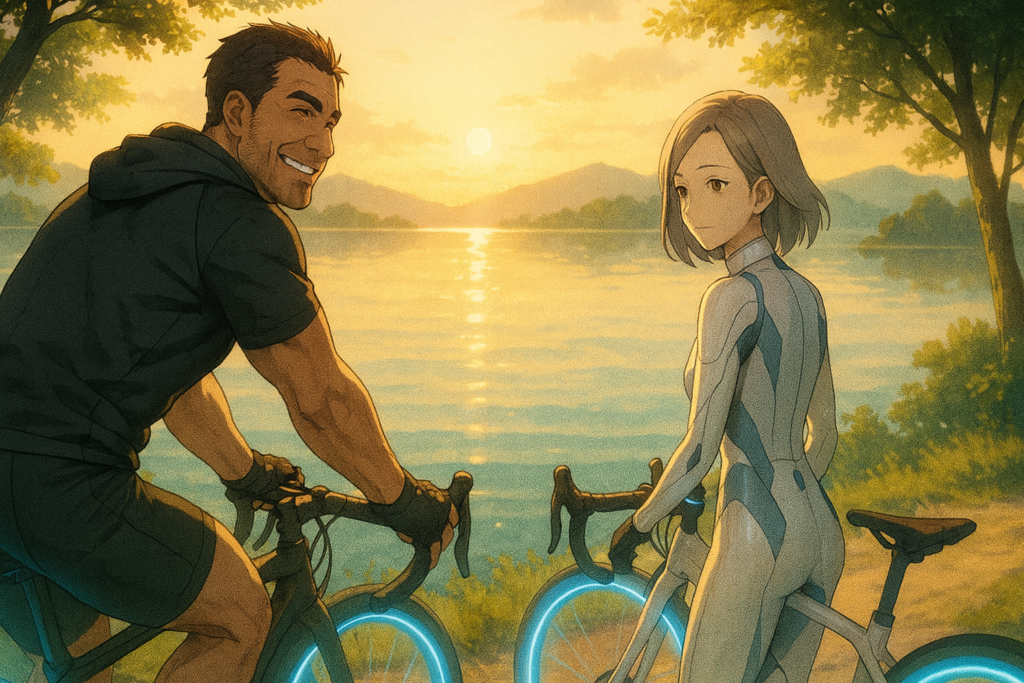 浜名湖の朝日を背に、レックとビアンが並んで自転車で走る。金色の光が湖面に揺れ、タイムサイクルの淡い水色の軌跡が反射に溶け込む。レックが肩越しに微笑み、ビアンが静かに並走する穏やかな旅のワンシーン。