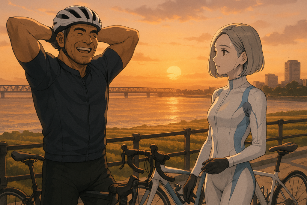 浜松の川沿いで夕焼けを眺めるレックとビアン。ロードバイクを停め、夕陽に染まる水面を背景にゆったりと過ごすシーン。
