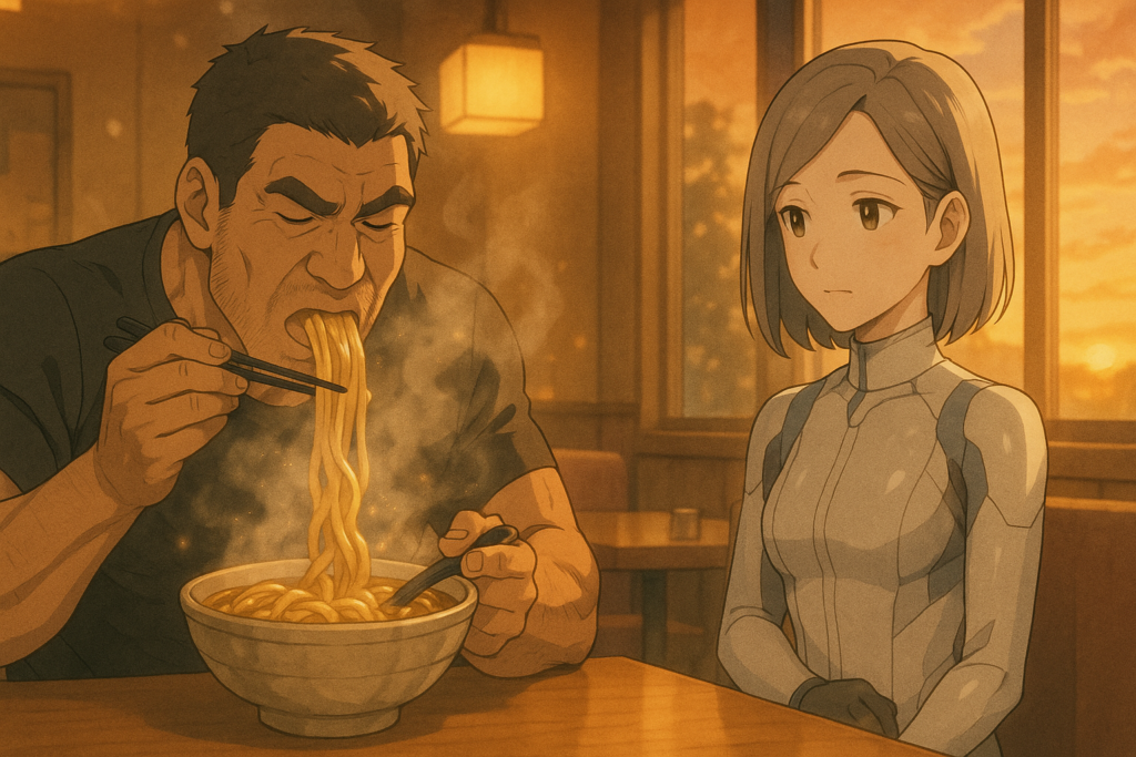 夕暮れの豊橋駅近くの食堂で、レックがカレーうどんを豪快にすすっている。湯気が夕日の金色と店内灯を受け、光粒のように漂う。テーブル越しにビアンが静かなまなざしでレックを見つめる暖かい食堂の情景。