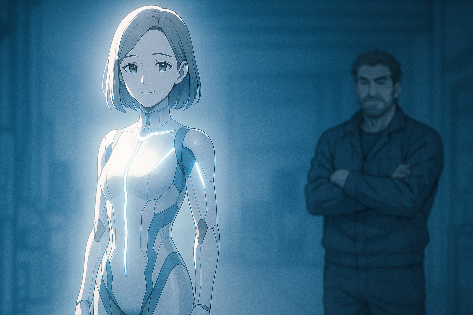 整備室の夜、白金と淡青の光に包まれたビアンが新しいボディで起動する瞬間。レックが少し離れて見守っている未来SFイラスト。