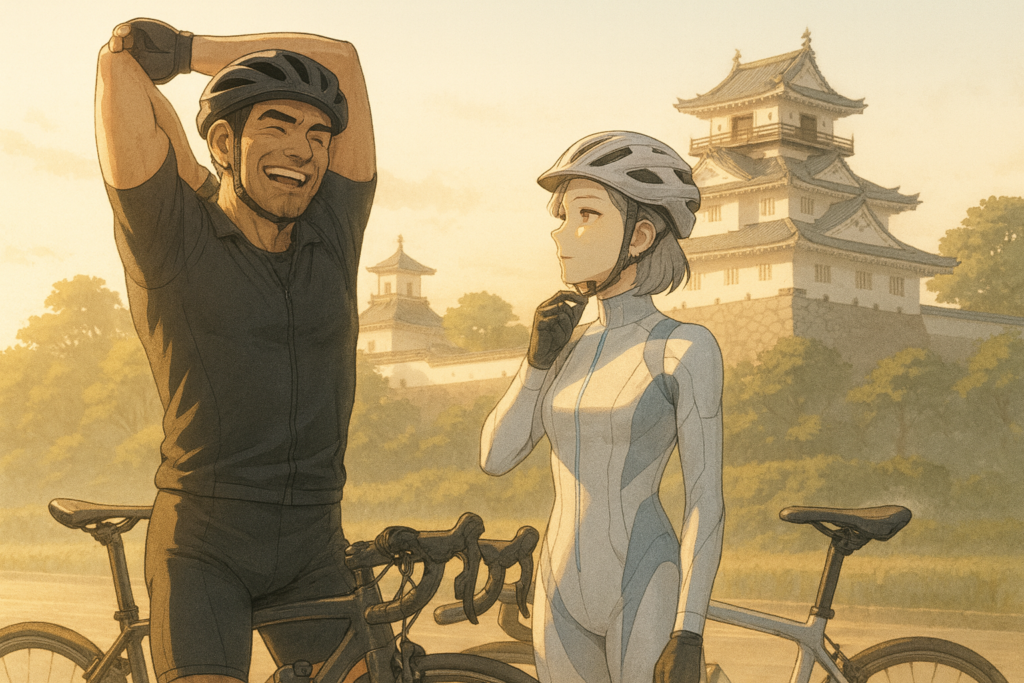 掛川城を背景に、朝日を浴びながら準備運動をするレックと、風向きを確かめるビアン。ロードバイク旅の静かな出発シーン。
